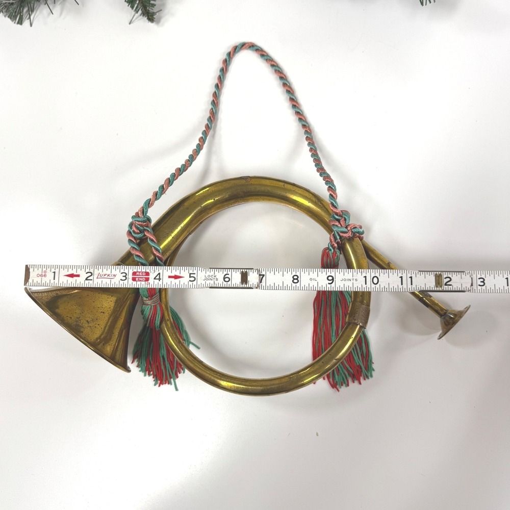 Vintage Brass French Horn Medium Brass instrument decor Red Green Tassels Wreath - Picture 4 of 10